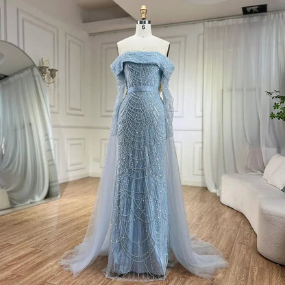 Off Shoulder Light Blue Mermaid Evening Dress with Detachable Overskirt Dubai LA72254 - SERENE HILL