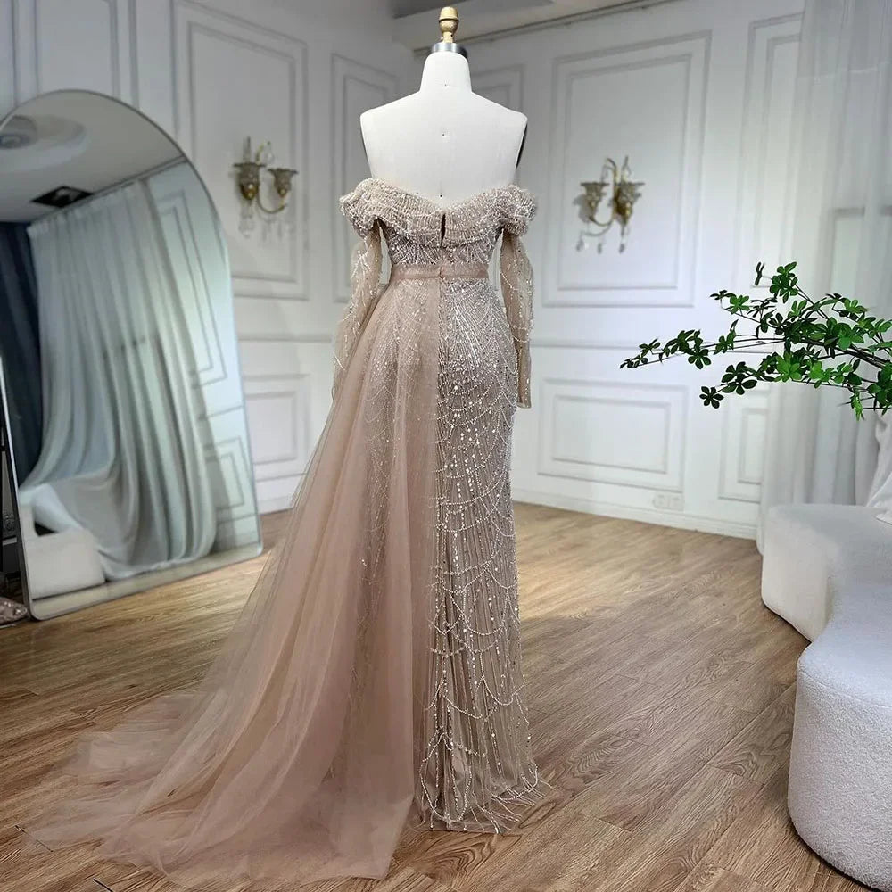 Off Shoulder Light Blue Mermaid Evening Dress with Detachable Overskirt Dubai LA72254 - SERENE HILL