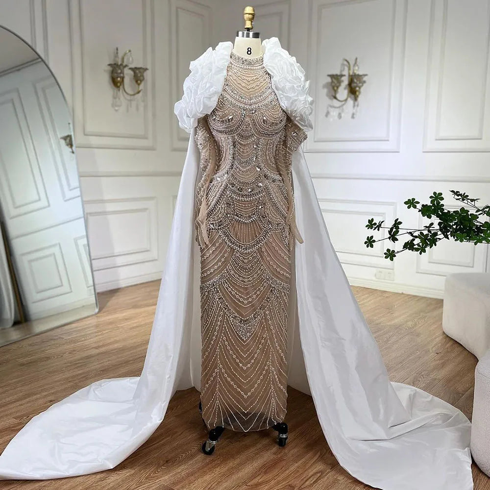 Serene Hill Arabia Nude Pearls Beaded Mermaid Long Cloak Luxury Dubai Evening Dresses Gowns For Women Wedding Party LA72091C - SERENE HILL