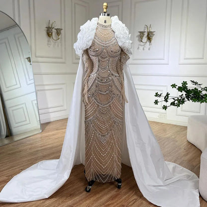 Serene Hill Arabia Nude Pearls Beaded Mermaid Long Cloak Luxury Dubai Evening Dresses Gowns For Women Wedding Party LA72091C - SERENE HILL