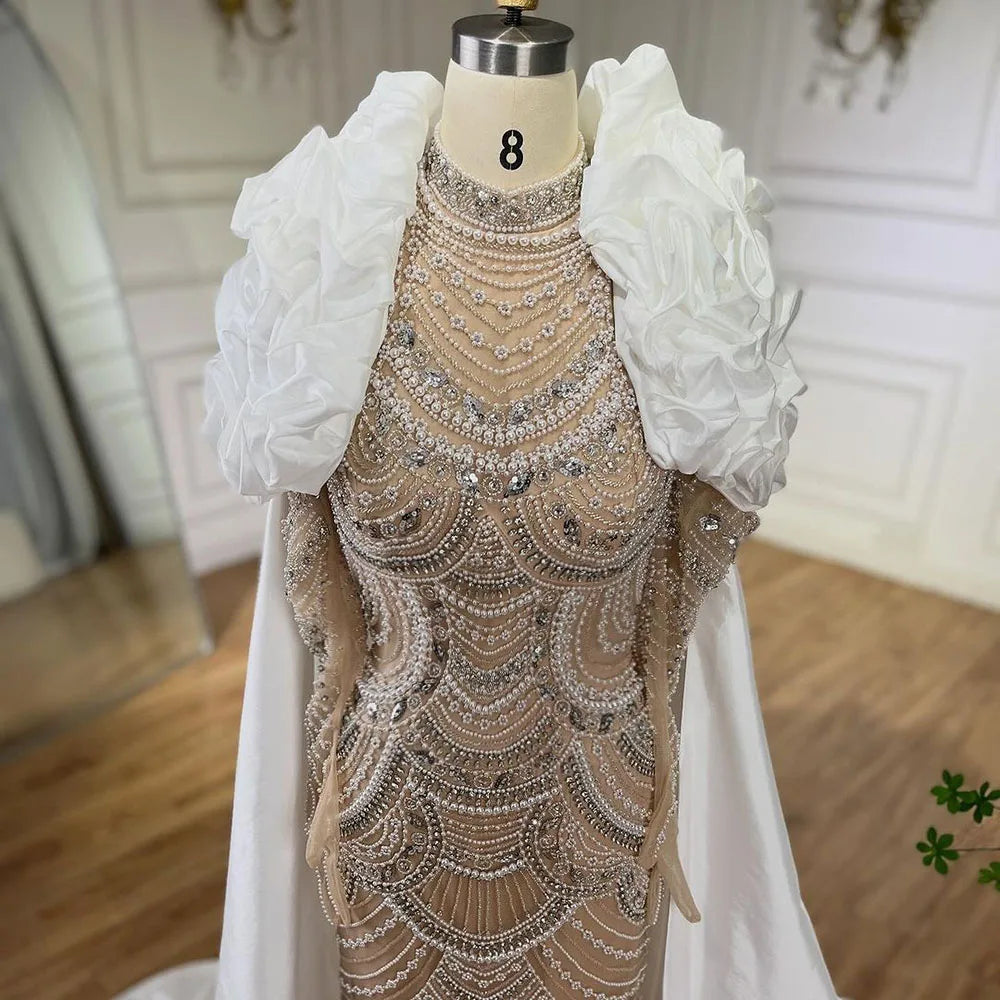 Serene Hill Arabia Nude Pearls Beaded Mermaid Long Cloak Luxury Dubai Evening Dresses Gowns For Women Wedding Party LA72091C - SERENE HILL
