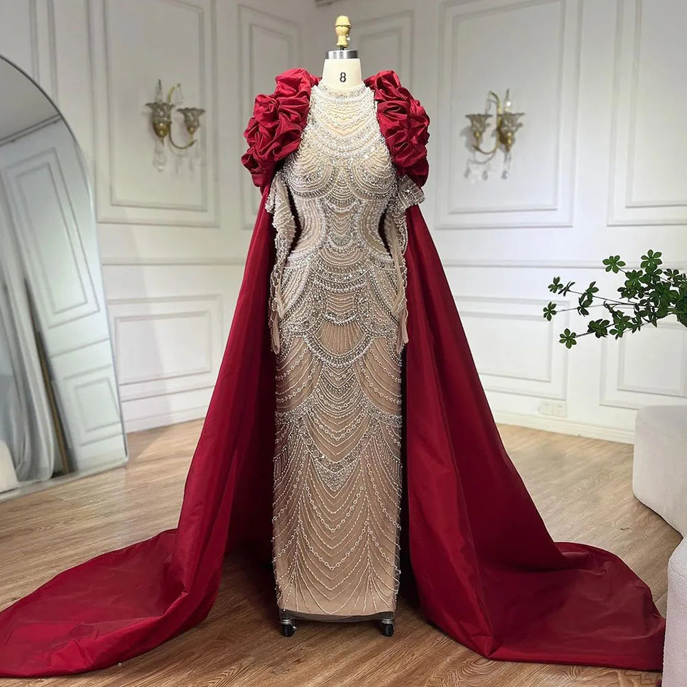 Serene Hill Arabia Nude Pearls Beaded Mermaid Long Cloak Luxury Dubai Evening Dresses Gowns For Women Wedding Party LA72091C - SERENE HILL