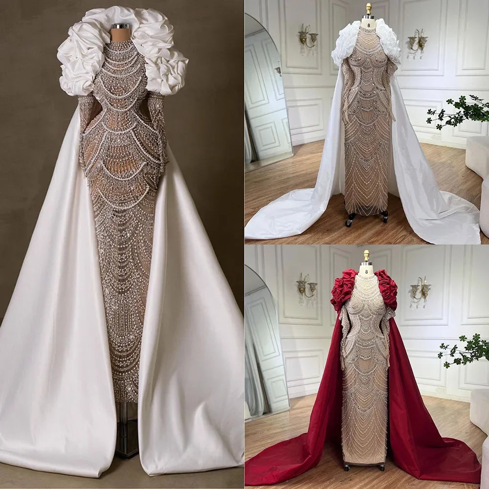 Serene Hill Arabia Nude Pearls Beaded Mermaid Long Cloak Luxury Dubai Evening Dresses Gowns For Women Wedding Party LA72091C - SERENE HILL