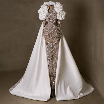 Serene Hill Arabia Nude Pearls Beaded Mermaid Long Cloak Luxury Dubai Evening Dresses Gowns For Women Wedding Party LA72091C - SERENE HILL