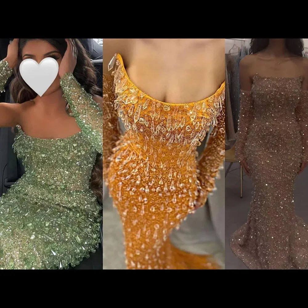 Serene Hill Arabia Orange Mermaid Luxury Beaded Crystal Evening Dresses Gowns for Women Wedding Party 2025 LA72402 - SERENE HILL