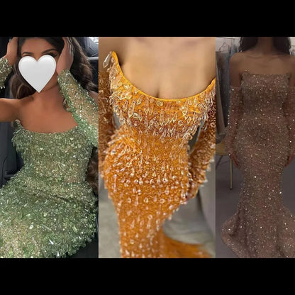 Serene Hill Arabia Orange Mermaid Luxury Beaded Crystal Evening Dresses Gowns for Women Wedding Party 2025 LA72402 - SERENE HILL