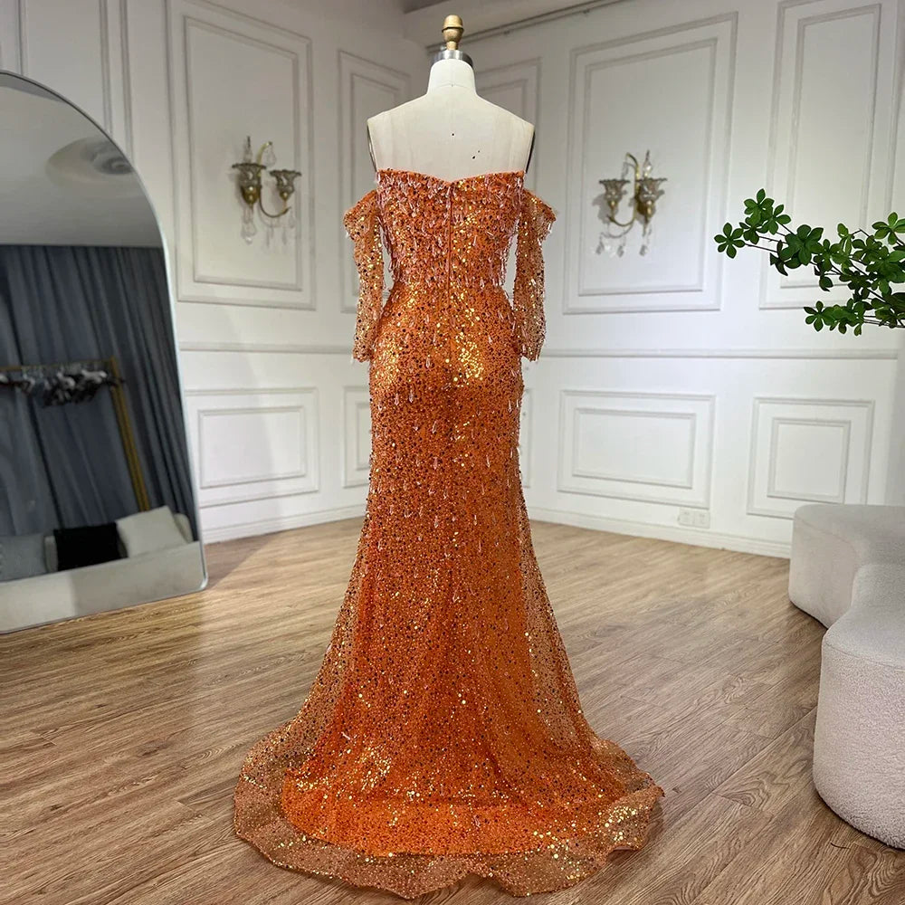 Serene Hill Arabia Orange Mermaid Luxury Beaded Crystal Evening Dresses Gowns for Women Wedding Party 2025 LA72402 - SERENE HILL
