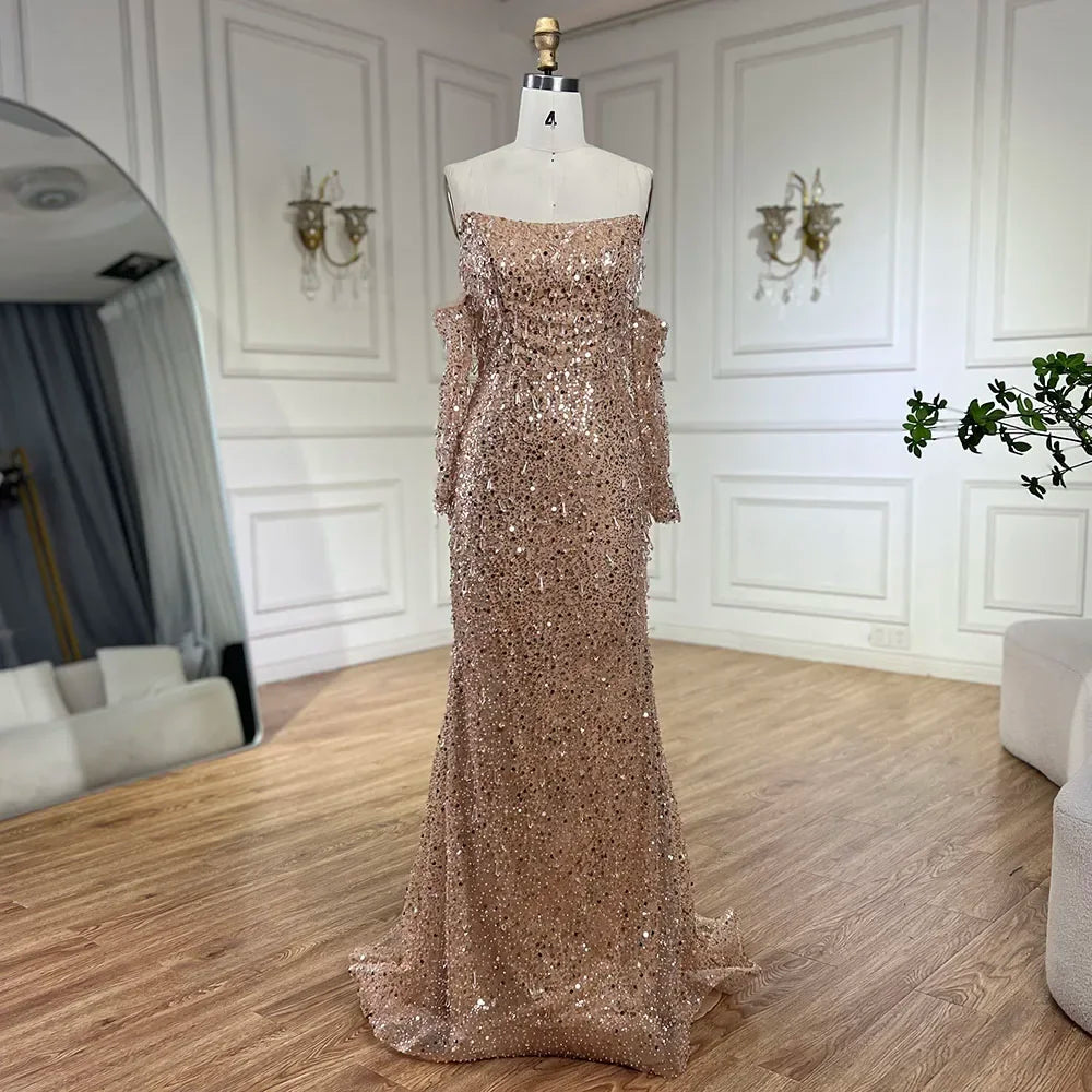 Serene Hill Arabia Orange Mermaid Luxury Beaded Crystal Evening Dresses Gowns for Women Wedding Party 2025 LA72402 - SERENE HILL