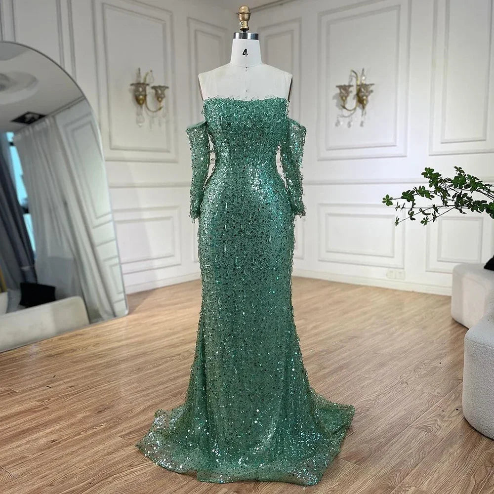 Serene Hill Arabia Orange Mermaid Luxury Beaded Crystal Evening Dresses Gowns for Women Wedding Party 2025 LA72402 - SERENE HILL