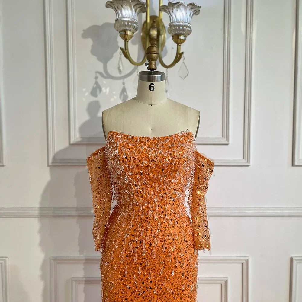 Serene Hill Arabia Orange Mermaid Luxury Beaded Crystal Evening Dresses Gowns for Women Wedding Party 2025 LA72402 - SERENE HILL