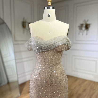 Serene Hill Arabia White Nude Mermaid Boat Neck Luxury Evening Dresses Gowns High Split for Women Wedding Party 2025 LA72301 - SERENE HILL