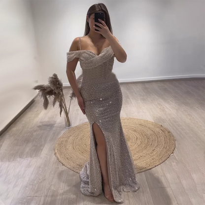 Serene Hill Arabia White Nude Mermaid Boat Neck Luxury Evening Dresses Gowns High Split for Women Wedding Party 2025 LA72301 - SERENE HILL