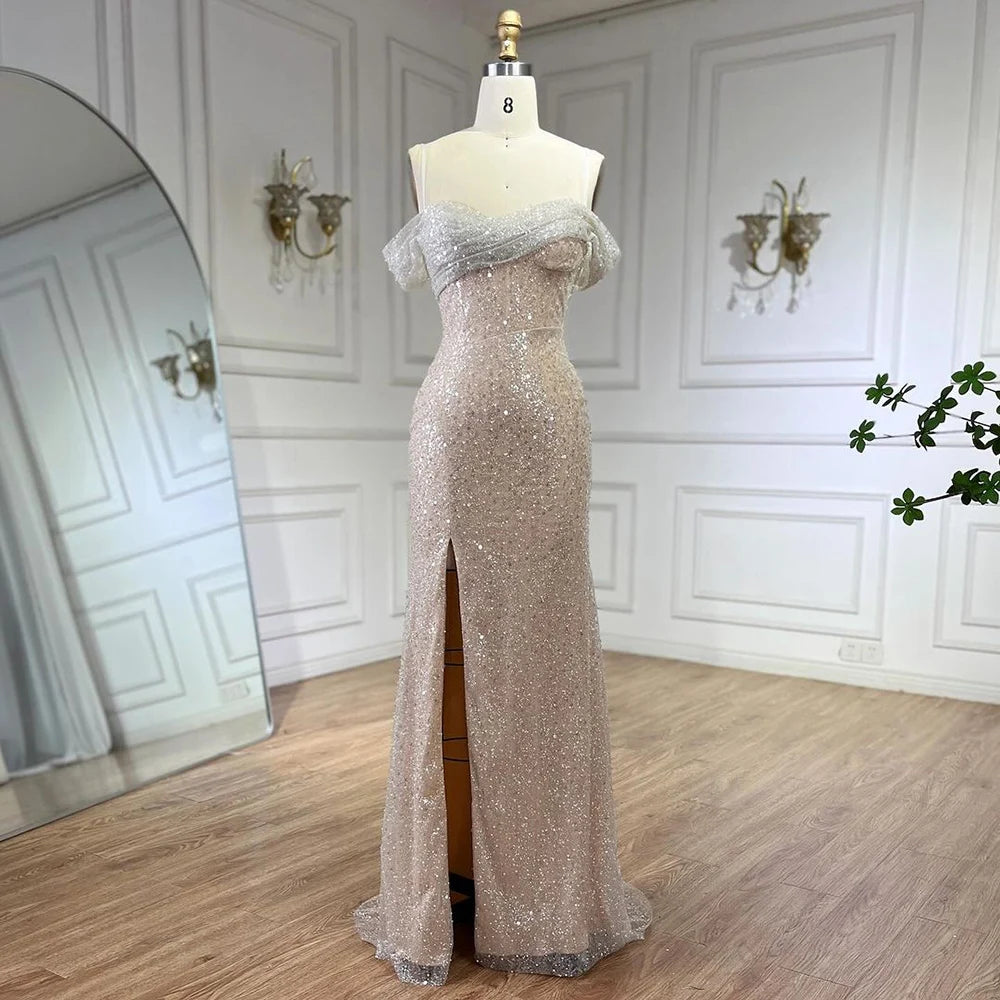 Serene Hill Arabia White Nude Mermaid Boat Neck Luxury Evening Dresses Gowns High Split for Women Wedding Party 2025 LA72301 - SERENE HILL