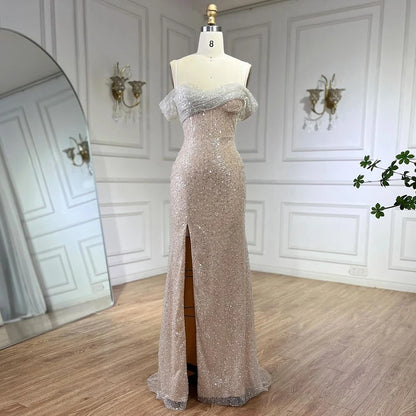Serene Hill Arabia White Nude Mermaid Boat Neck Luxury Evening Dresses Gowns High Split for Women Wedding Party 2025 LA72301 - SERENE HILL