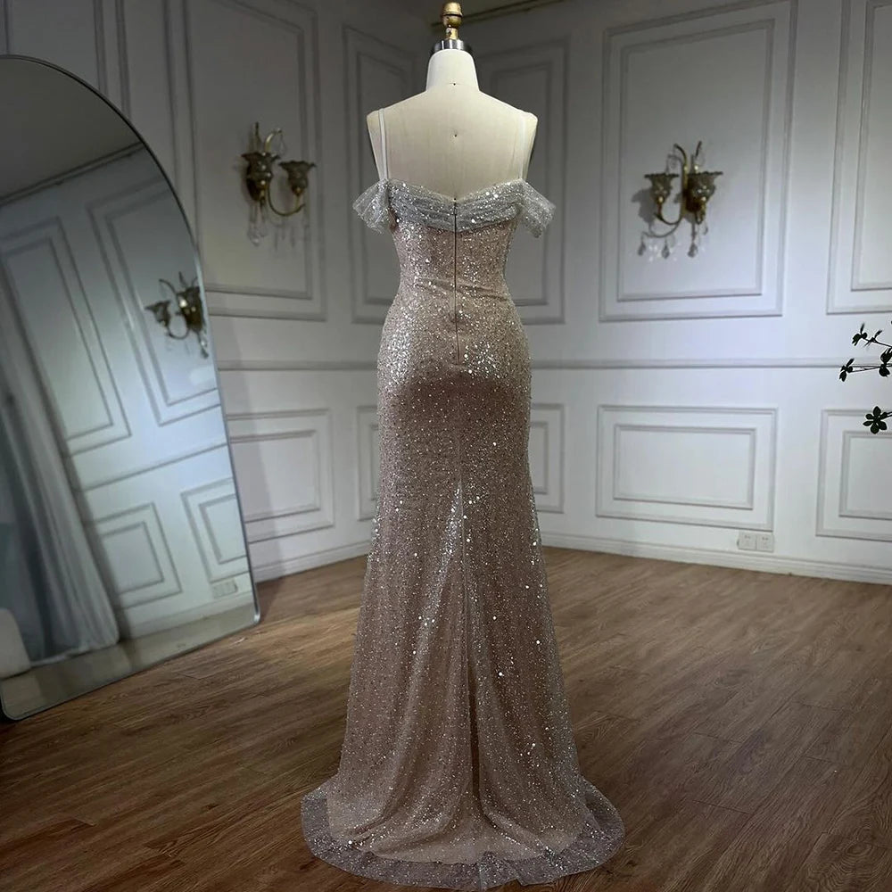 Serene Hill Arabia White Nude Mermaid Boat Neck Luxury Evening Dresses Gowns High Split for Women Wedding Party 2025 LA72301 - SERENE HILL