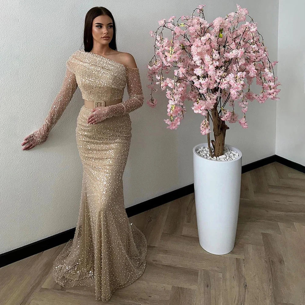 Serene Hill Arabia caramel Mermaid One Shoulder Luxury Beaded Evening Dresses Gowns 2025 For Women Wedding Party LA72285 - SERENE HILL