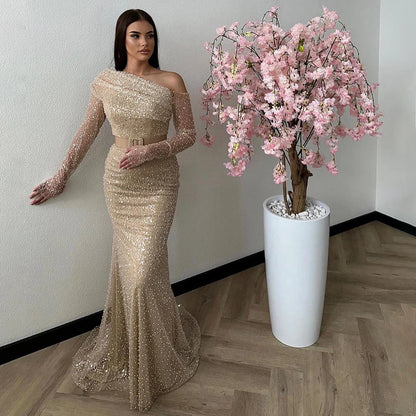 Serene Hill Arabia caramel Mermaid One Shoulder Luxury Beaded Evening Dresses Gowns 2025 For Women Wedding Party LA72285 - SERENE HILL