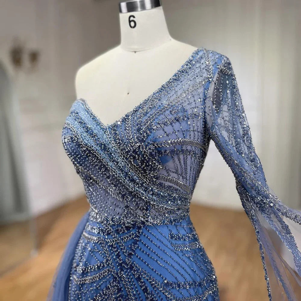 Serene Hill Arabian Blue Elegant Mermaid Evening Dress with Beaded Skirt - Luxury Ladies Wedding Party Dress 2025 LA72174 - SERENE HILL