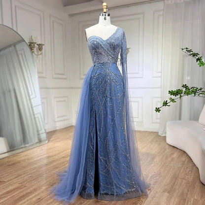 Serene Hill Arabian Blue Elegant Mermaid Evening Dress with Beaded Skirt - Luxury Ladies Wedding Party Dress 2025 LA72174 - SERENE HILL
