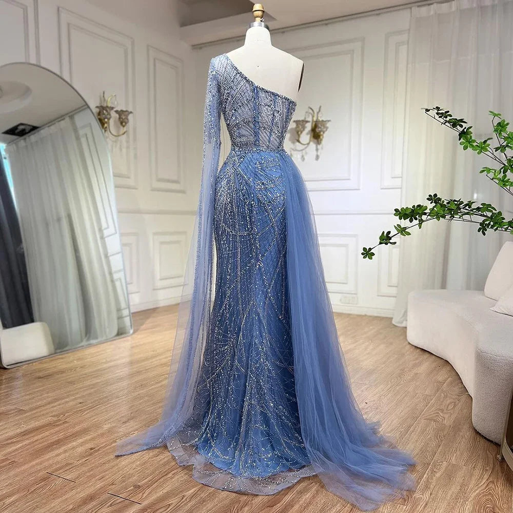 Serene Hill Arabian Blue Elegant Mermaid Evening Dress with Beaded Skirt - Luxury Ladies Wedding Party Dress 2025 LA72174 - SERENE HILL