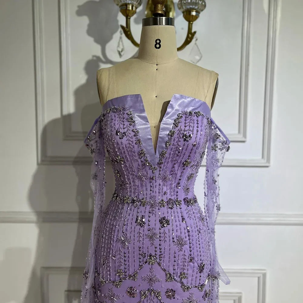 Serene Hill Arabian Lilac Mermaid Luxury Beaded Evening Gown with Glove Sleeves for Women - Wedding Party 2025 LA72333 - SERENE HILL