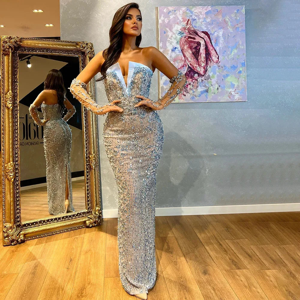 Luxury Lilac Beaded Mermaid Evening Dress with Gloves LA72333 - Blue / 6 Luxury Lilac Beaded Mermaid Evening Dress with Gloves LA72333 - Blue / 6