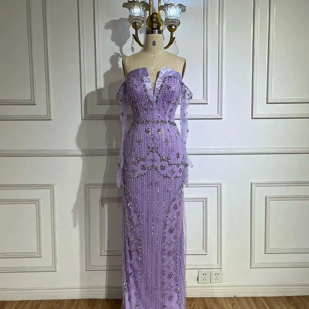 Luxury Lilac Beaded Mermaid Evening Dress with Gloves LA72333 Lilac / 2 Luxury Lilac Beaded Mermaid Evening Dress with Gloves LA72333 Lilac / 2