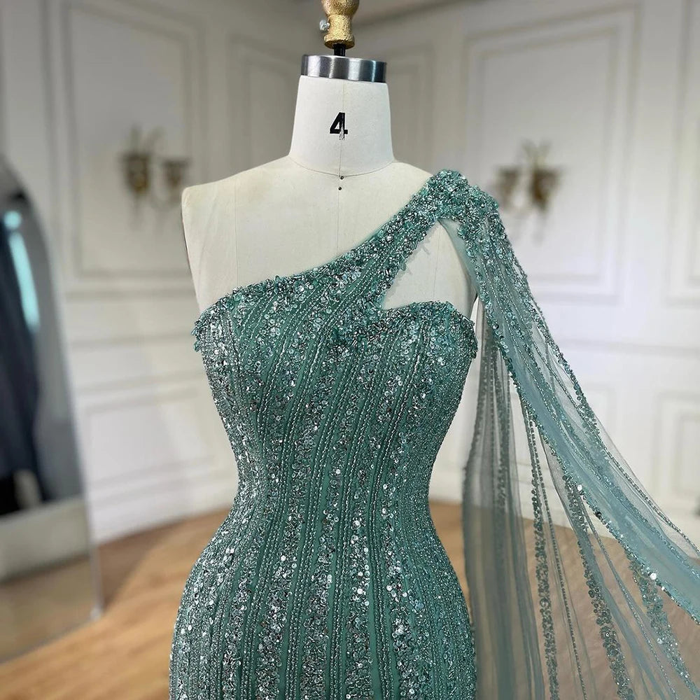 Serene Hill Arabic Beaded One Shoulder Cape Sleeves Turquoise Mermaid Evening Dresses Gowns For Women Wedding Party 2025 LA72284 - SERENE HILL