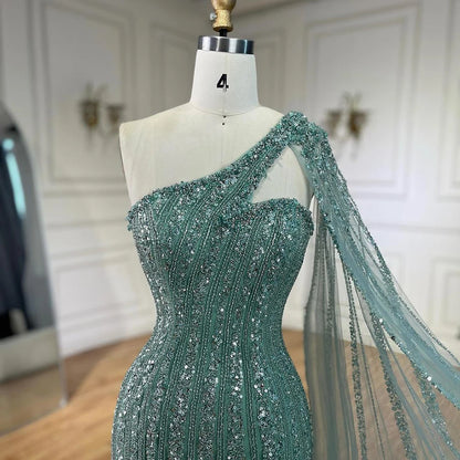 Serene Hill Arabic Beaded One Shoulder Cape Sleeves Turquoise Mermaid Evening Dresses Gowns For Women Wedding Party 2025 LA72284 - SERENE HILL