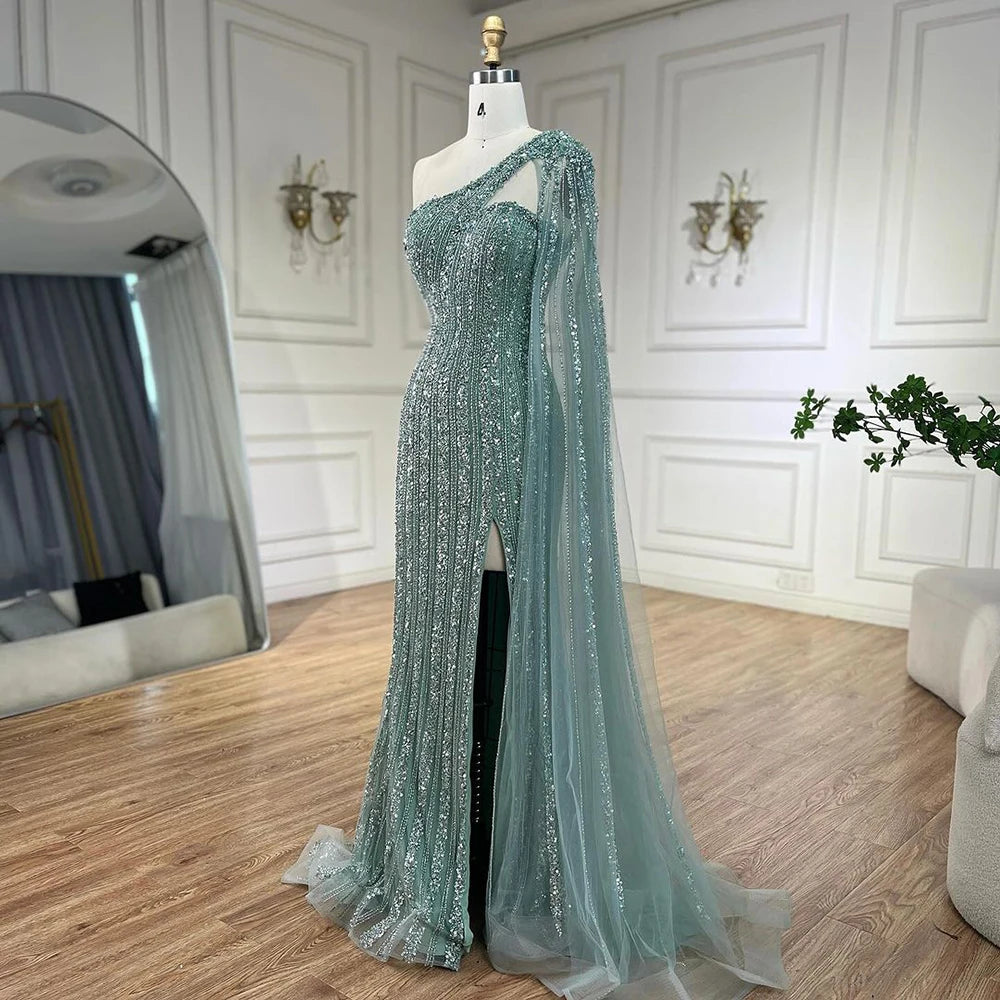 Serene Hill Arabic Beaded One Shoulder Cape Sleeves Turquoise Mermaid Evening Dresses Gowns For Women Wedding Party 2025 LA72284 - SERENE HILL