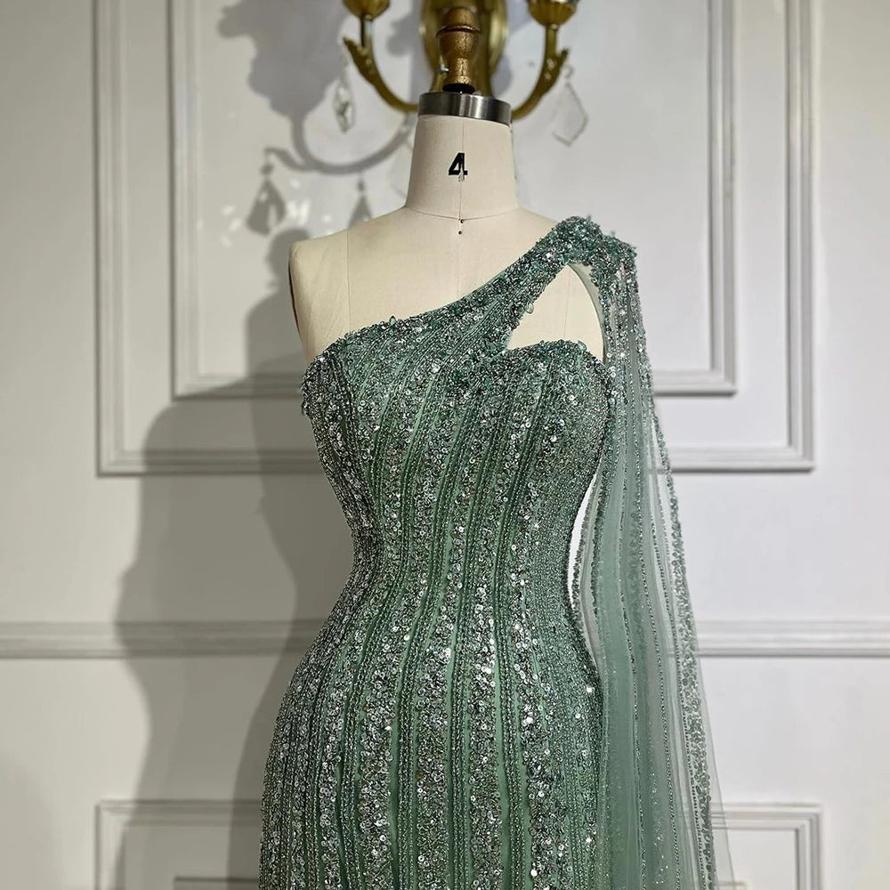 Serene Hill Arabic Beaded One Shoulder Cape Sleeves Turquoise Mermaid Evening Dresses Gowns For Women Wedding Party 2025 LA72284 - SERENE HILL