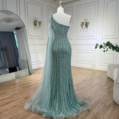 Serene Hill Arabic Beaded One Shoulder Cape Sleeves Turquoise Mermaid Evening Dresses Gowns For Women Wedding Party 2025 LA72284 - SERENE HILL