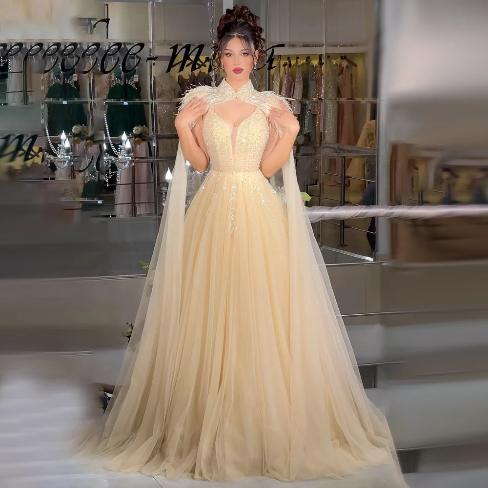 Luxury Dubai Arabic Beige A-Line Feathers Long Cape Luxury Beaded Saudi Evening Dresses Gowns for Formal Occasion LA72722 - SERENE HILL