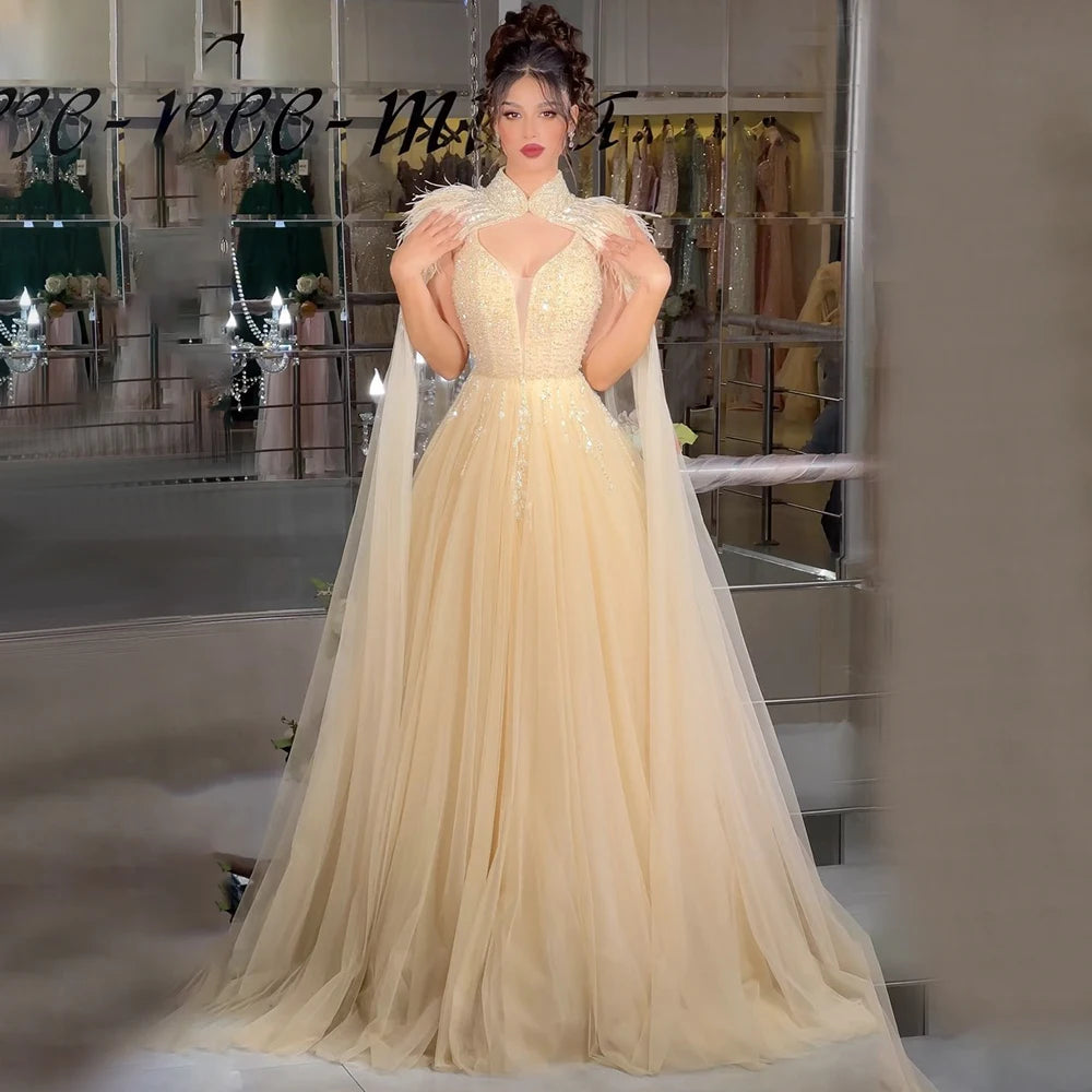 Luxury Dubai Arabic Beige A-Line Feathers Long Cape Luxury Beaded Saudi Evening Dresses Gowns for Formal Occasion LA72722 - SERENE HILL