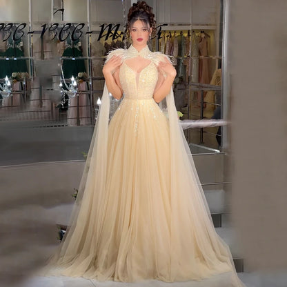 Luxury Dubai Arabic Beige A-Line Feathers Long Cape Luxury Beaded Saudi Evening Dresses Gowns for Formal Occasion LA72722 - SERENE HILL