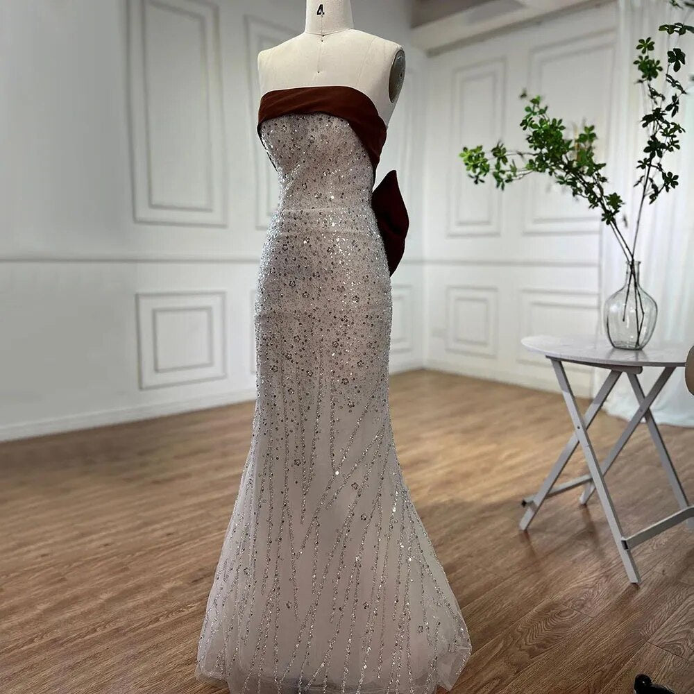 Serene Hill Arabic Beige Elegant Mermaid Sexy Beaded Evening Dresses 2025 Gowns For Women Wedding Party LA72065 - SERENE HILL