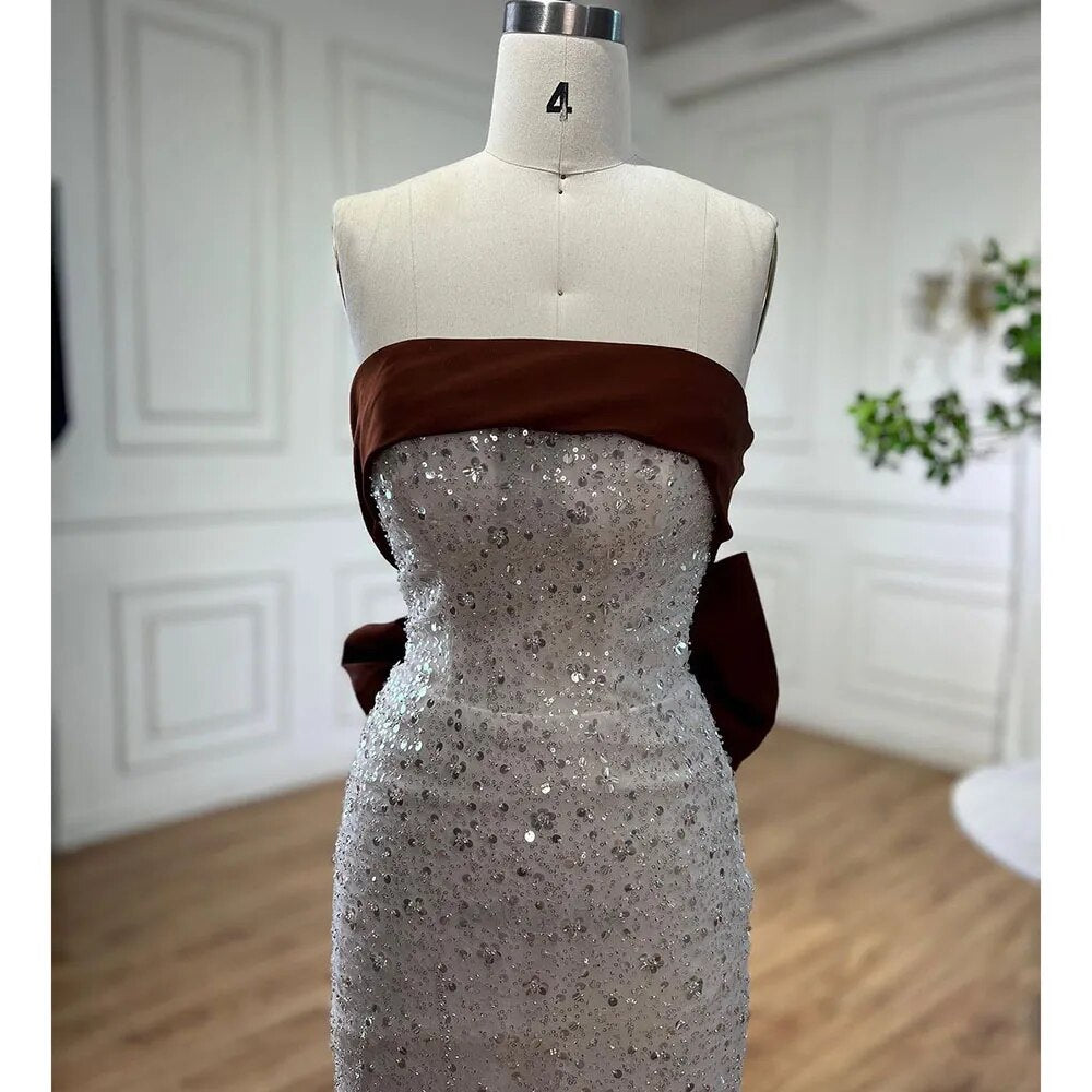 Serene Hill Arabic Beige Elegant Mermaid Sexy Beaded Evening Dresses 2025 Gowns For Women Wedding Party LA72065 - SERENE HILL