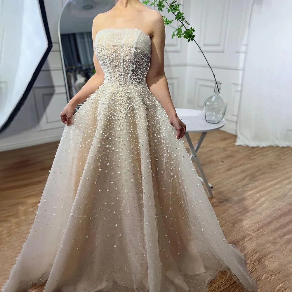 Pearls White Nude Arabic Evening Dresses with Gloves LA72009 - SERENE HILL