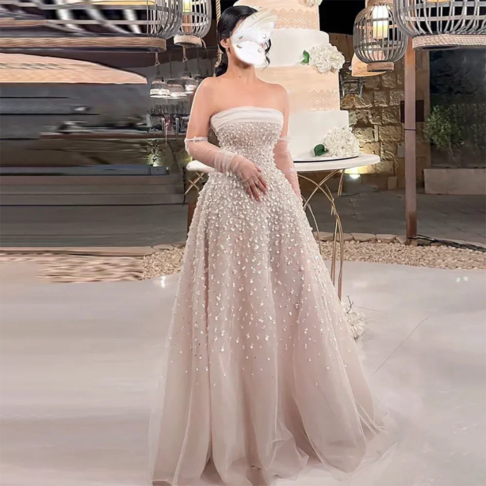 Pearls White Nude Arabic Evening Dresses with Gloves LA72009 Beige / 14