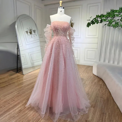 Pearls White Nude Arabic Evening Dresses with Gloves LA72009 - SERENE HILL