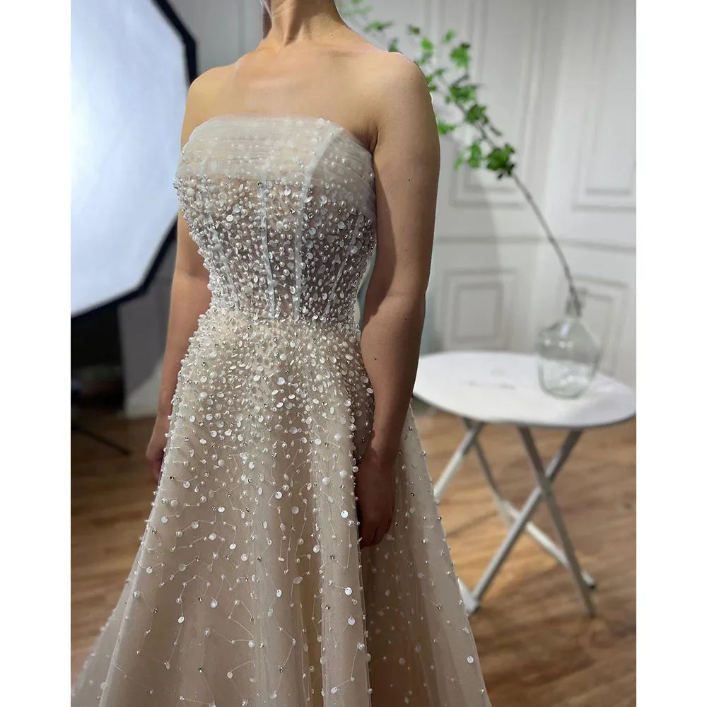 Pearls White Nude Arabic Evening Dresses with Gloves LA72009 - SERENE HILL