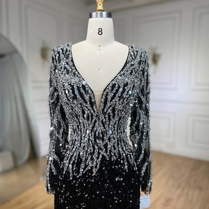 Black Mermaid Dubai Evening Dresses Elegant V-Neck Long Sleeves LA72220 - SERENE HILL