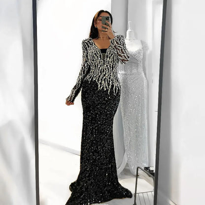 Black Mermaid Dubai Evening Dresses Elegant V-Neck Long Sleeves LA72220 - SERENE HILL