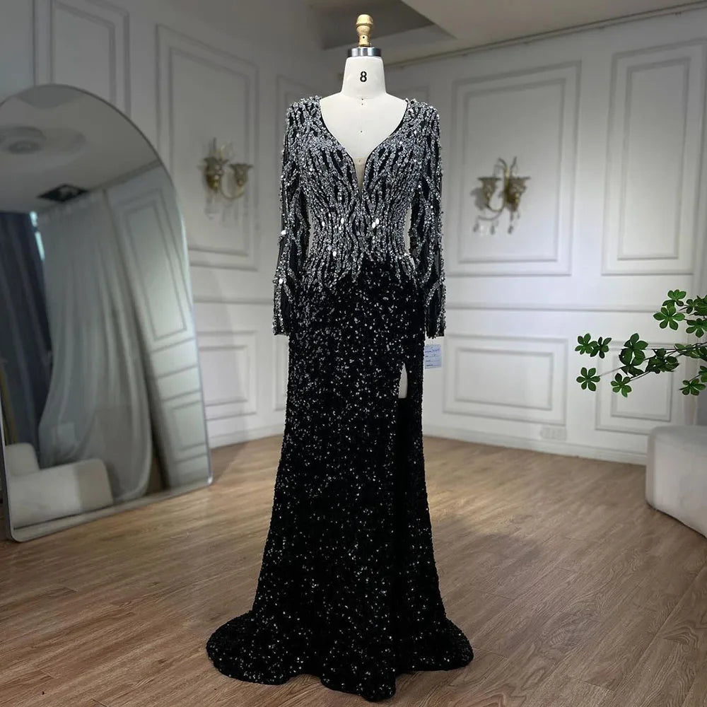 Black Mermaid Dubai Evening Dresses Elegant V-Neck Long Sleeves LA72220 - SERENE HILL
