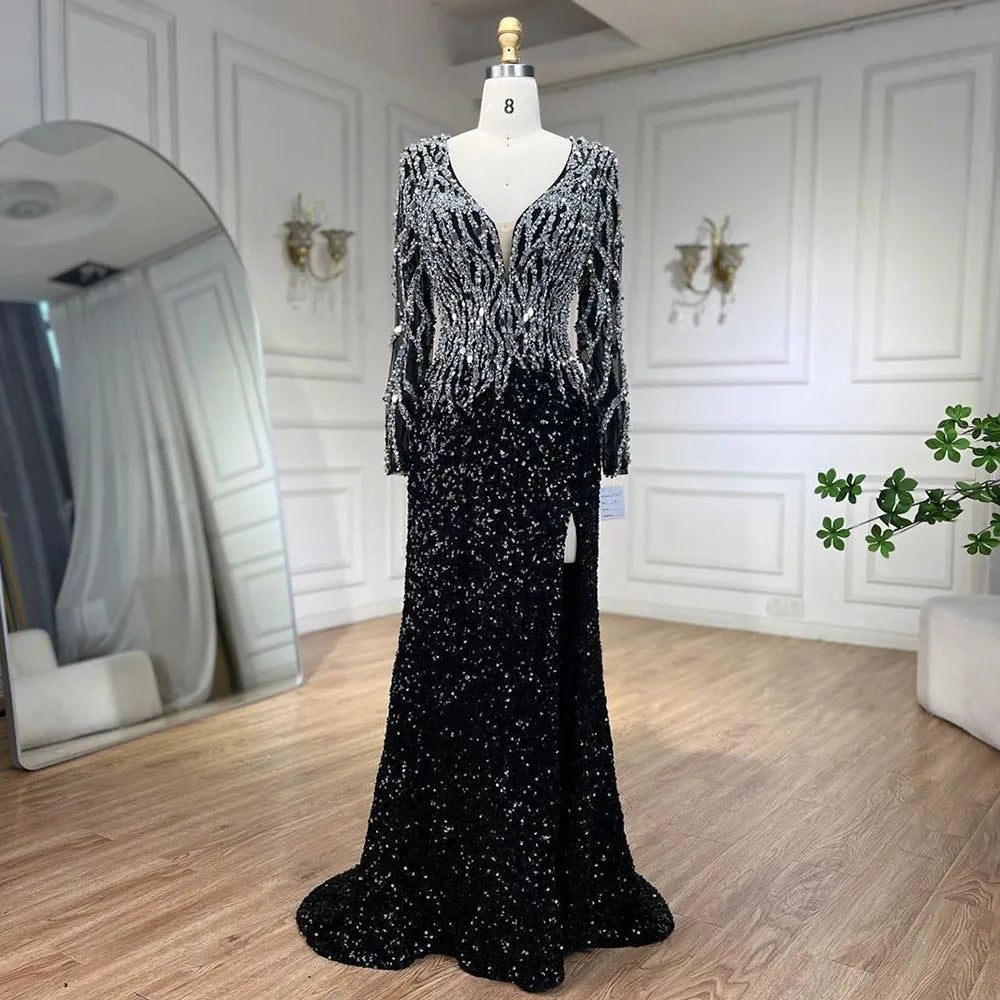 Black Mermaid Dubai Evening Dresses Elegant V-Neck Long Sleeves LA72220 - SERENE HILL