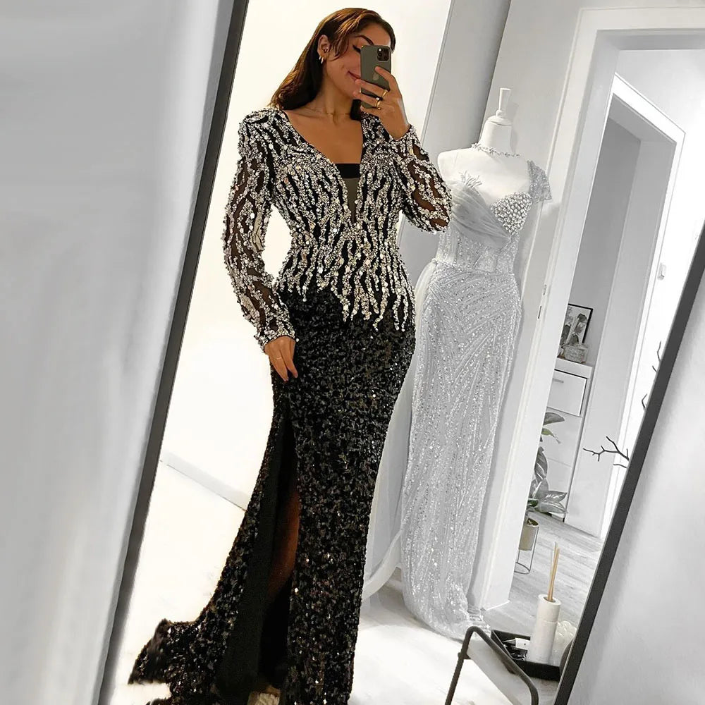 Black Mermaid Dubai Evening Dresses Elegant V-Neck Long Sleeves LA72220 - SERENE HILL