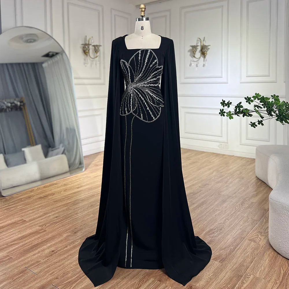 Elegant Black Luxury Beaded Arabic Evening Dress with Cape Sleeves LA72461 - SERENE HILL