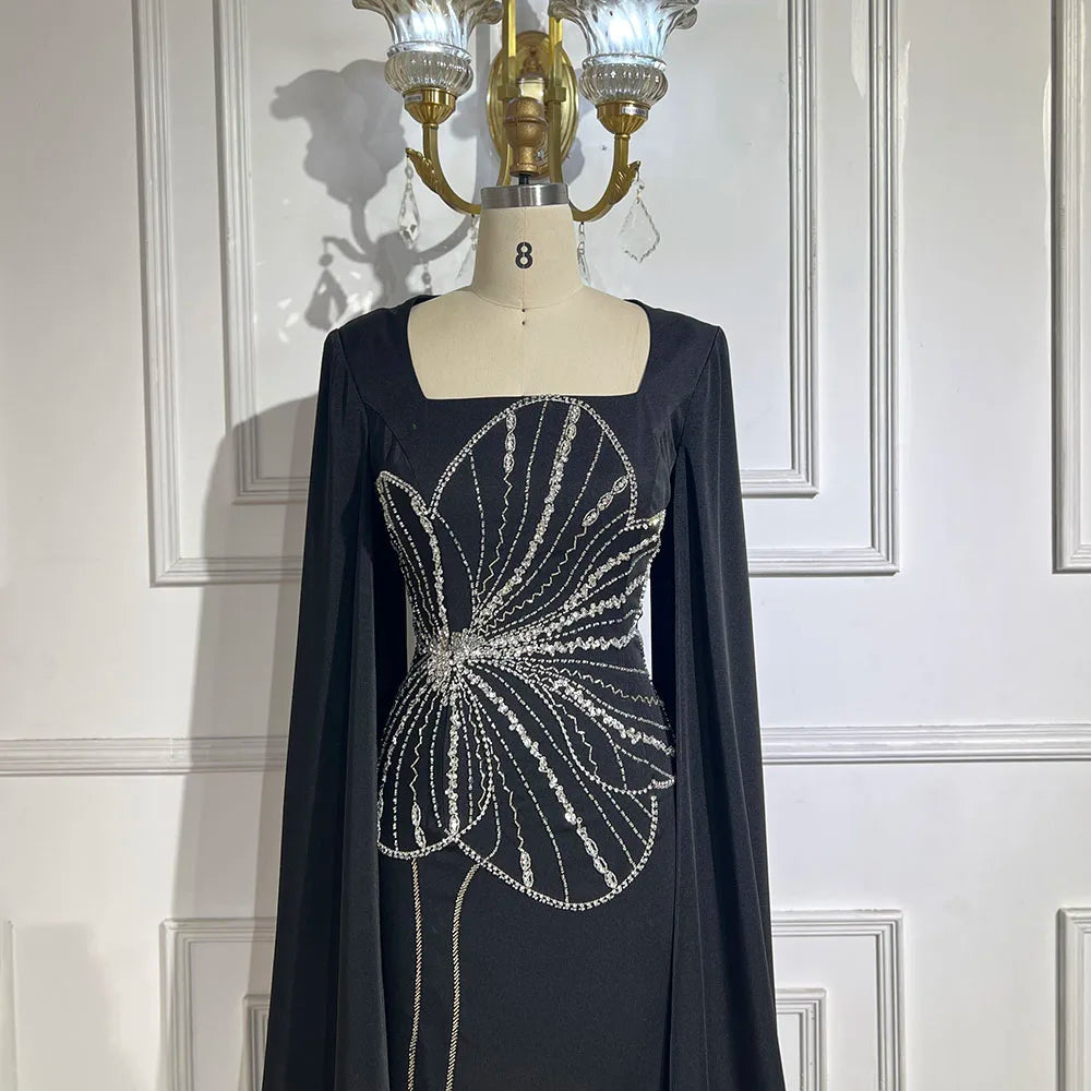 Elegant Black Luxury Beaded Arabic Evening Dress with Cape Sleeves LA72461 - SERENE HILL