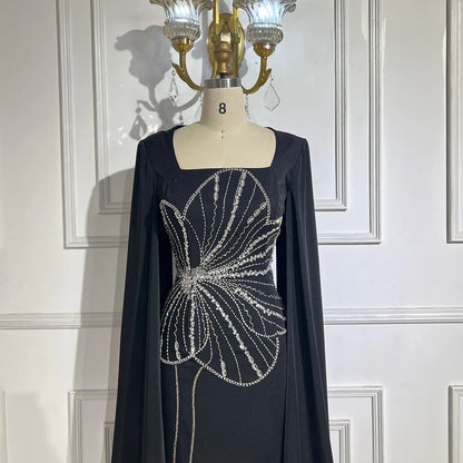Elegant Black Luxury Beaded Arabic Evening Dress with Cape Sleeves LA72461 - SERENE HILL