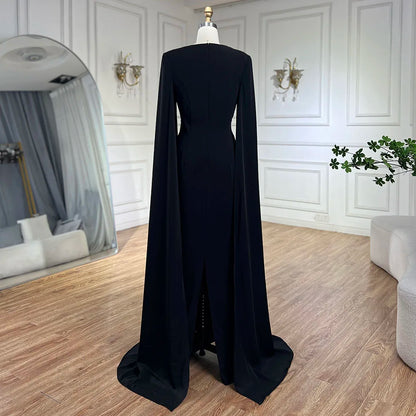 Elegant Black Luxury Beaded Arabic Evening Dress with Cape Sleeves LA72461 - SERENE HILL